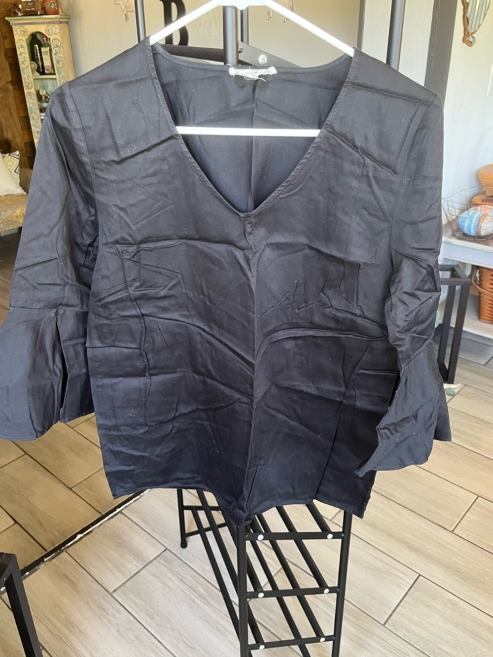 Black V-Neck Bell Sleeve Blouse